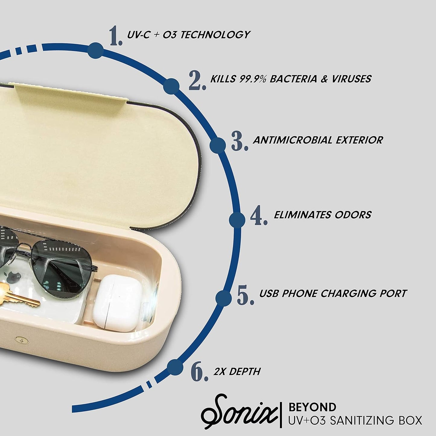 Sonix Beyond UV+O3 Sanitizer Box and Universal Charger UV and Ozone Disinfector for Phone, Mask, Makeup Brush, Nail Tool (Gold)