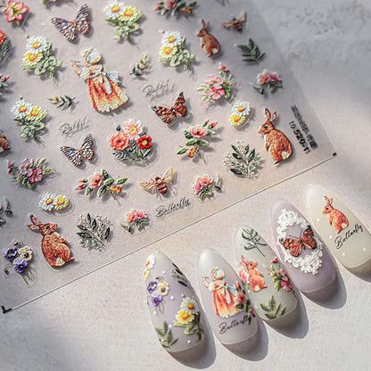 5D Embossed Flower Nail Stickers Decals Pastoral Style Nail Art Cute Bee Rabbit Butterfly Stickers for Nails Designs Self Adhesive Nail Art Supplies & Decorations for Women Girls 1 Sheet