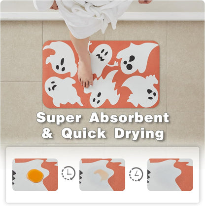 Halloween Bath Mat, Thin Halloween Bathroom Rug Non Slip Quick Dry Bath Mat Fits Under Door Thin Floor Mat Halloween Decor, 24''x36'', Cute Ghosts Orange