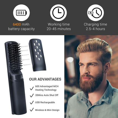 Premium Beard Mini Straightener Brush, Professional Straightener Brush for Men, Rechargeable 6400 mAh Straightening Tool Heated Comb, for Short & Long Beards for Home and Travel