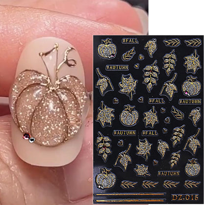 2 Sheets Fall Nail Stickers for Nail Art Glitter Gold Leaf Nail Art Stickers Embossed Autumn Pumpkin Nail Decals 5D Self-Adhesive Diamond Nail Design Sticker for Women Thanksgiving Nails Decoration