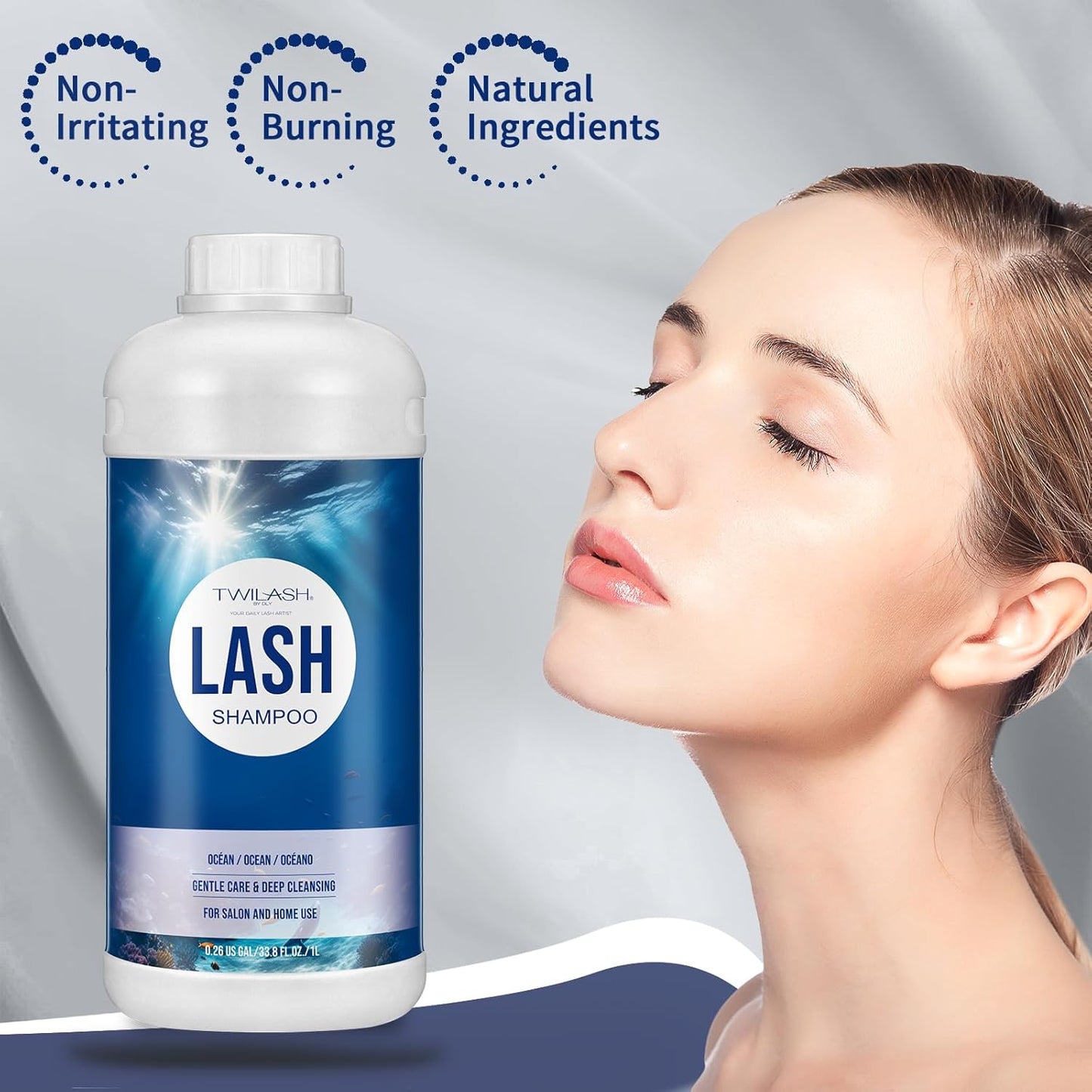 Lash Shampoo Bulk, Eyelash Cleanser for Extensions 1 Liters, Safe Makeup Remover, Non-irritating or Burning Formula Eyelid Foaming Cleanser for Professional Salon and Home Use (Ocean-1L)