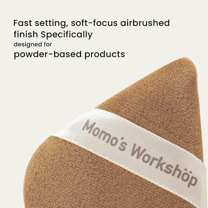Momo's Workshop Pointed Powder Puff Large Size - Narrow Tip for Precision, Egg-Shaped Base for Even Application, Double-Sided Short Fluff, Works with Powder/Blush/Highlighter,Storage case,3PCS Puffs