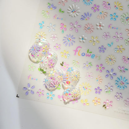 5D Flower Nail Art Stickers,Embossed Self-Adhesive Colorful Floral Nail Decals Cute Daisy Small Flower Floral Nail Art Supplies Summer Nail Design for Women and Girls DIY Manicure Decoration