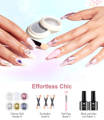Chrome Nail Powder Kit - Black White Colors Gel Polish Mirror Metallic Effect Holographic Aurora Iridescent Pearlescent Manicure White Pearl Chrome Nail Powder for Nails DIY