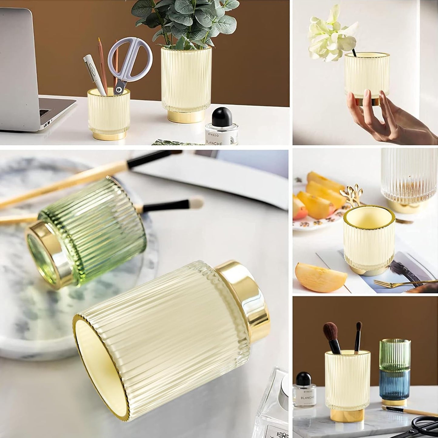 DASITON Makeup Brush holder Organizer,Crystal Cosmetic Makeup Brush Glass Brushes Storage Holder, Vintage Make Up Brush Cup Pen Pencil Holder striped vase(Cream S)