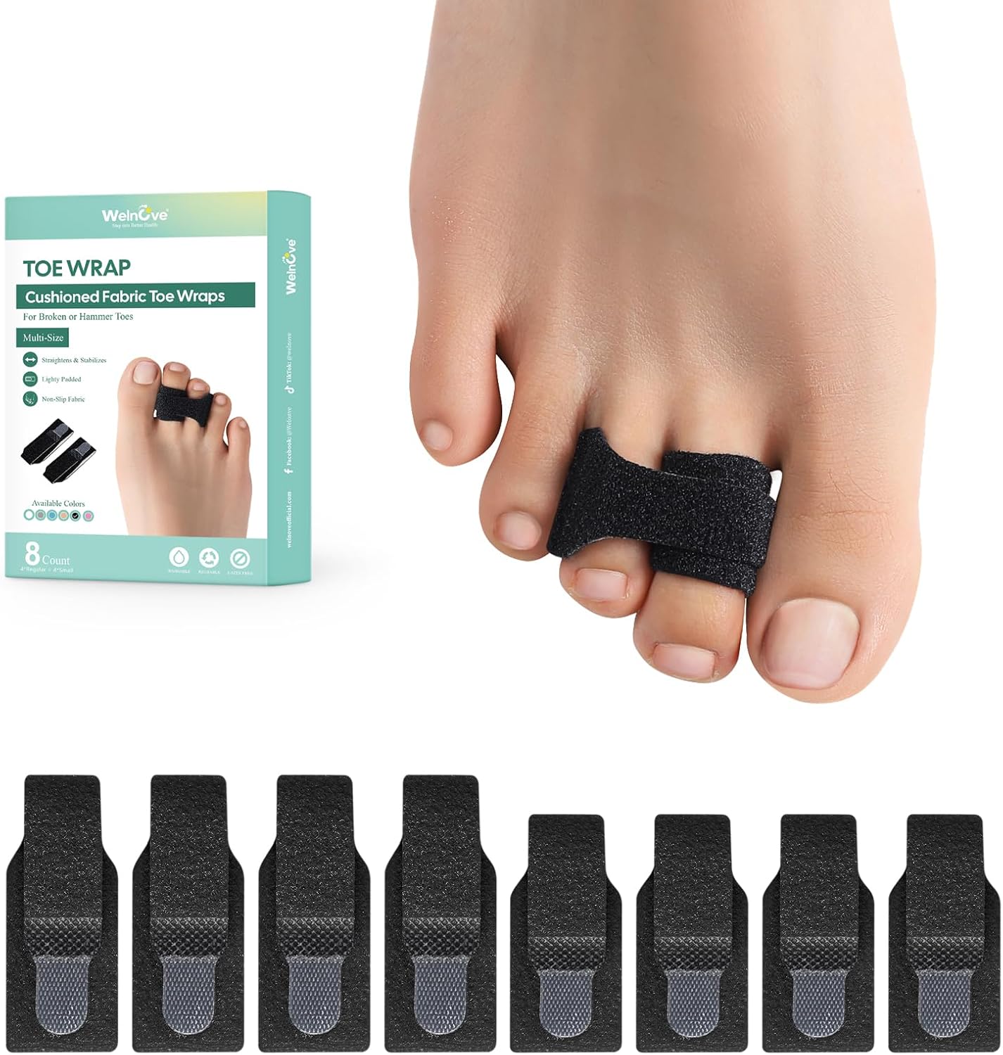 Welnove Hammer Toe Straightener - 8 Pack Broken Toe Wraps - Hammer Toe Corrector for Women - Toe Splints for Crooked Toes, Curled Toes, Bent Toes - (Multi-Size, Black)