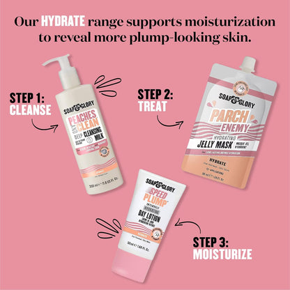 Soap & Glory Peaches & Clean Deep Cleansing Milk - 4 in 1 Milk Cleanser & Makeup Remover with Peach Extract, Ginseng & Jojoba Oil - Hydrating Facial Cleanser for Clarified & Energized Skin (350ml)