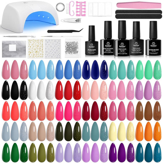 Beetles Gel Nail Polish Kit with U V Light - 32 Colors Gel Polish 54 Pcs Nail Kits with Base and Glossy Top Coat Soak Off DIY Salon Beginner-friendly Manicure Nails Stuff Gifts for Women Teens Girls