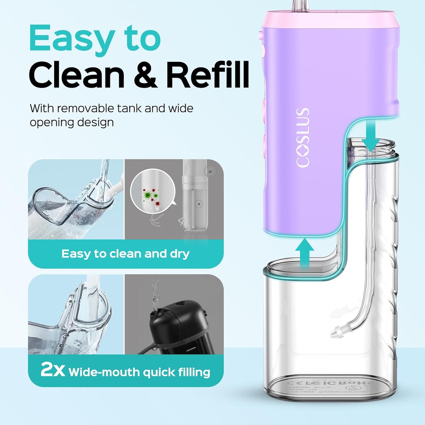 COSLUS Mini Water Flosser for Travel: Portable Compact Design, Cordless Oral Irrigator with 4 Jet Tips, Removable Tank & IPX7 Waterproof for Braces, Sensitive Teeth & On-The-Go Use, Pink Purple, T40