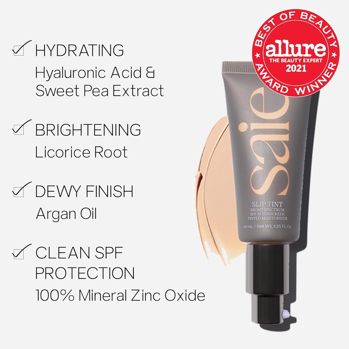 Saie Slip Tint SPF 35 Tinted Moisturizer - Light Coverage Moisturizer + Broad Spectrum Zinc Oxide Sunscreen with Hydrating Hyaluronic Acid - Shade Five (1.35 oz)
