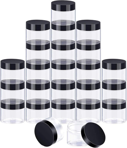 SATINIOR 24 Pieces Empty Clear Plastic Jars with Lids Round Storage Containers Wide-Mouth for Beauty Product Cosmetic Cream Lotion Liquid Butter Craft and Food (Black Lid, 2 oz)