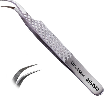 Curacoro Lash Tweezer - Professional & Precision Fiber Tip Grip Lash Tweezers for Eyelash Extensions, Multi Shapes & Purposes Tweezers for Volume, Isolation & Classic Lashes (Silver, Volumizer)