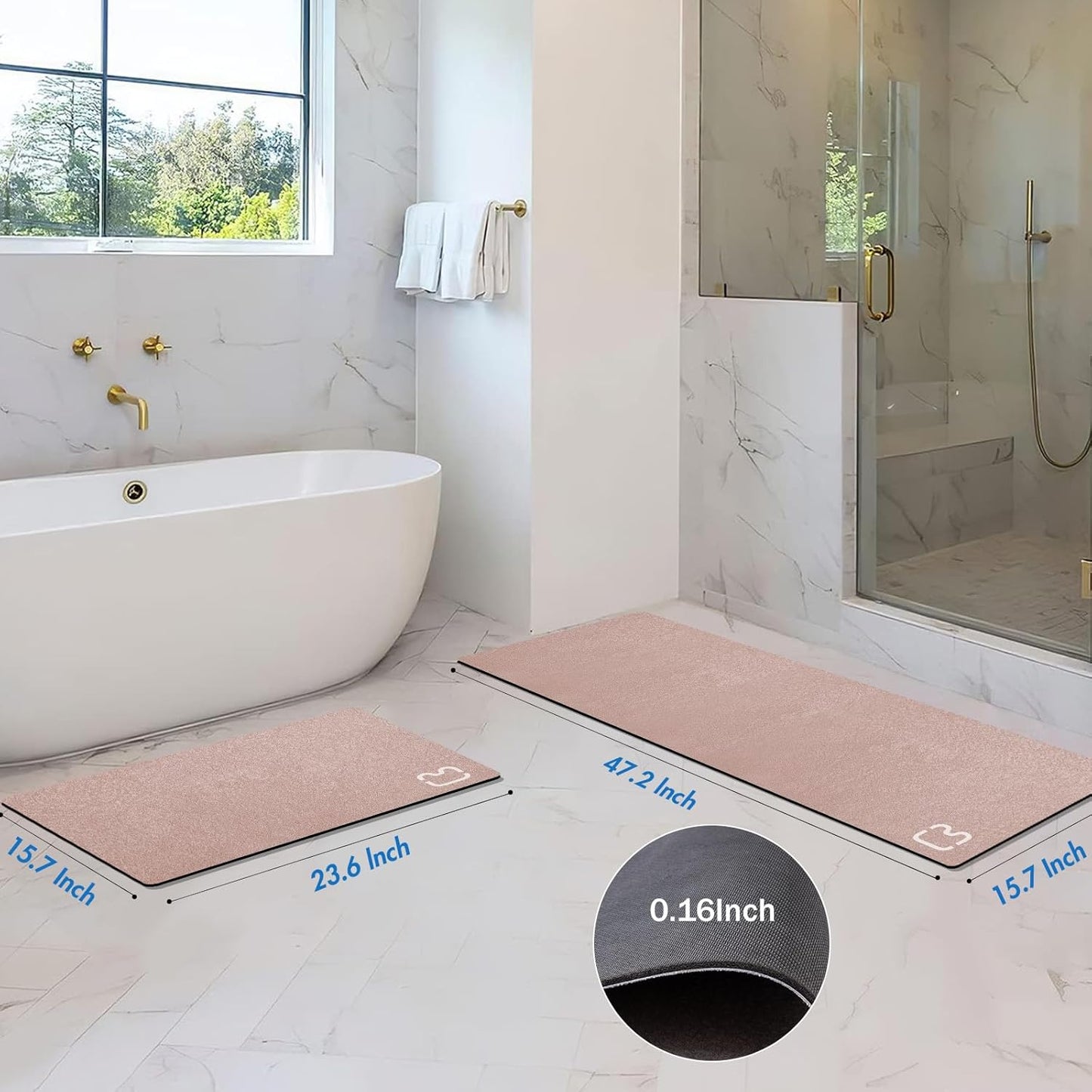 2 Piece Bathroom Rugs Mat Set - Quick Dry Diatomaceous Earth Bath Mat for Bathroom Non-Slip Bath Rug with Rubber Backing, Absorbent Bath Mat Thin Bath Floor Mat, 15.7x23.6+15.7x47.2 Inch, Blush Pink