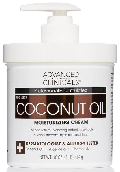 Advanced Clinicals Coconut Oil Body Cream For Women & Men | Hydrating Coconut Lotion For Extremely Dry Skin | Visible Anti Aging Body Butter Skin Care Balm Moisturizer For Hand, Heel, Feet, 16 Ounce