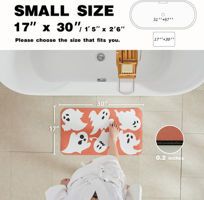 Halloween Bath Mat, Thin Halloween Bathroom Rug Non Slip Quick Dry Bath Mat Fits Under Door Thin Floor Mat Halloween Decor, 17''x30'', Cute Ghosts Orange
