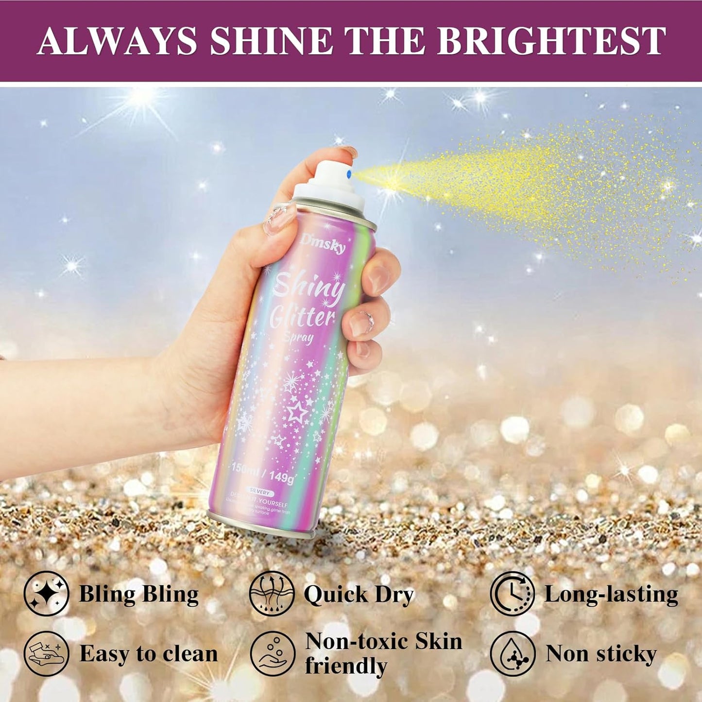Body Glitter Spray for Hair and Body (2x5.14 Fl Oz), Shiny Glitter Spray for Clothes, Long-Lasting and Quick-Drying Holographic Glitter Hairspray for Kids Women, Stage, Festival Rave and Makeup Prom