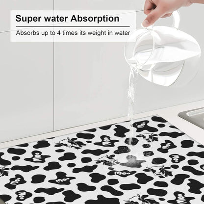 Cow Print Dish Drying Mat for Kitchen Counter Black White Decorative Dish Drainer Rack Mats 16x18 Inch Absorbent Reversible Drying Pad