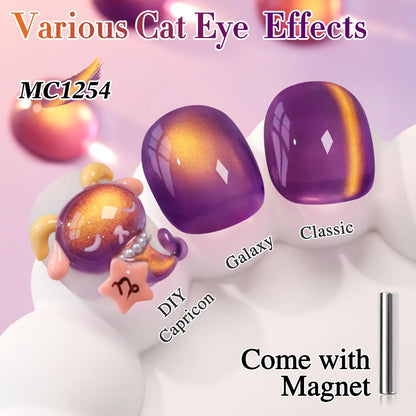Double Rhythm Jelly Glass Cat Eye Gel Polish with Magnet 15ML Holographic Glitter Shimmer Translucent Sheer Color Magnetic Nail Polish Salon DIY at Home (Golden Purple-MC1254)