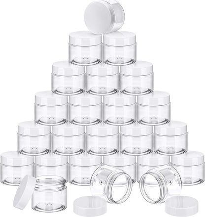 SATINIOR 24 Pieces Empty Clear Plastic Jars with Lids Round Storage Containers Wide-Mouth for Beauty Product Cosmetic Cream Lotion Liquid Butter Craft and Food (White Lid, 2 oz)