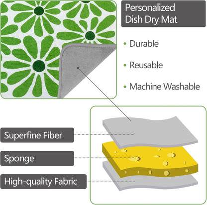 SHIYUE Dish Drying Mat for Kitchen Counter Super Absorbent Spring Kitchen Decor Microfiber Drying Matainers Rack Fast Pad Dish Drainer Mats(Cute Green Flower,18''x24'')