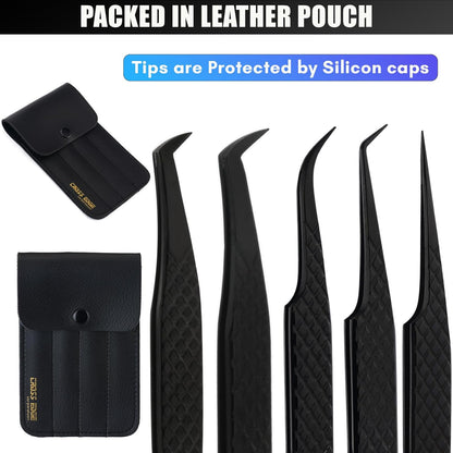 Fiber Tip Lash Tweezers Eyelash Extension Tweezers for Lash Extensions Precision Boot Volume Lash Tweezers Japanese Steel Curved Isolation Tweezer Set fiber grip tweezers (Black, 5pcs)