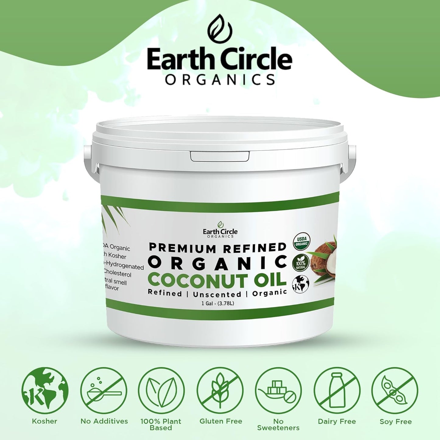 Earth Circle Organics Refined Coconut Oil - Ultra Premium Steam Refined, Keto & Paleo Friendly, Zero Coconut taste or smell - For Skin & Hair Care, Cooking, Deep Frying, Baking & More - Bulk 1 Gallon