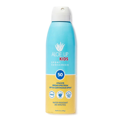 Aloe Up Kids Continuous Sport Sunscreen Spray SPF 50 - Broad Spectrum Sheer Face and Body Sunscreen Protector for Sensitive Skin - With Aloe Vera Gel - Dries Fast - Reef Safe - Fragrance-Free - 5.5 Oz