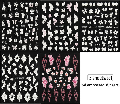 5D Embossed White Flowers Nail Stickers, 5 Sheets Self-Adhesive Floral Nail Decals, Spring Rose Butterfly Nail Art, 3D Acrylic Flowers for Manicure Decor