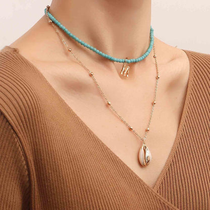 Bohemia Turquoise Beaded Choker Necklace Layered Shell Pendant Necklace Gold Letter Clavicle Necklace Double Layer Satellite Chain Necklace Jewelry for Women and Girls