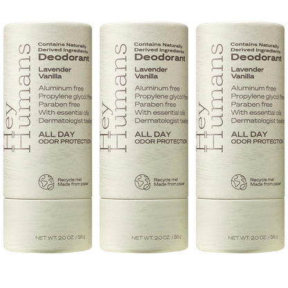 Hey Humans Deodorant, Aluminum Free Deodorant for Women and Men, Contains Naturally Derived Ingredients, All Day Odor Control, Refreshing Deodorant Essential Oils, Pack of 3, Lavender Vanilla