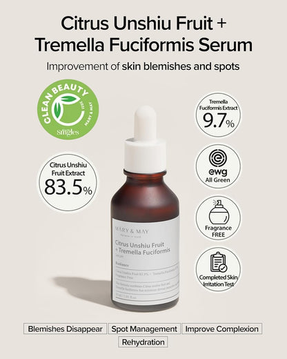 Mary&May Citrus Unshiu Fruit + Tremella Fuciformis Serum 1.01 Fl Oz / 30ml | VItamin Serum, Improves Skin Tone and Blemish, Recovering Glowy and Transparent Skin, Fragrance Free | EWG Green