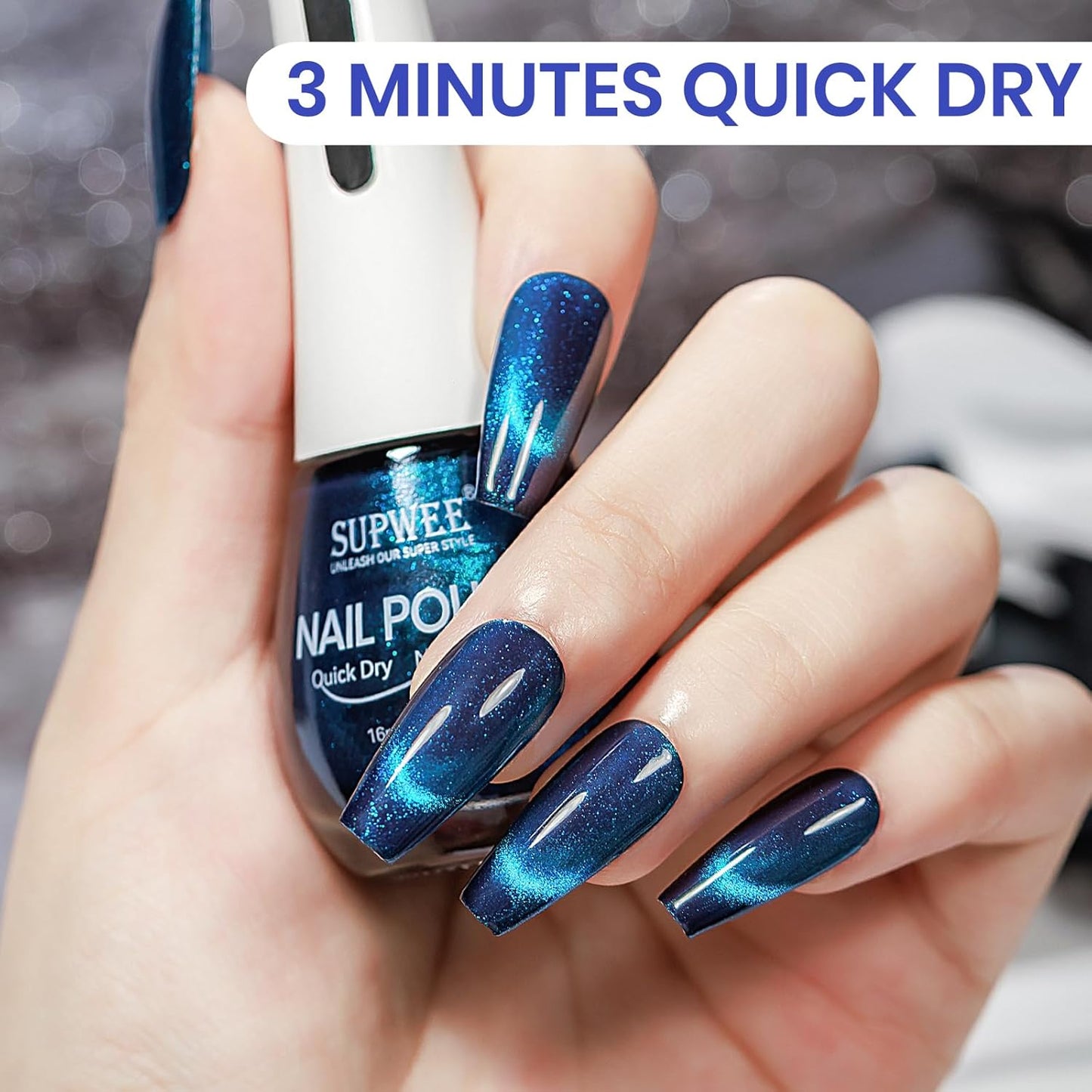Blue Magnetic Nail Polish Non Gel Fast Dry Cat Eye Nail Polish for Fingernail Air Drying Fast Lacquer Manicure Gift For Women Girls 16ml, 0.54fl oz