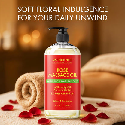 MAJESTIC PURE Rose Massage Oil for Massage Therapy - Refreshing, and Relaxing - Natural Oils - for All Skin Types - Men and Women - 8 fl oz