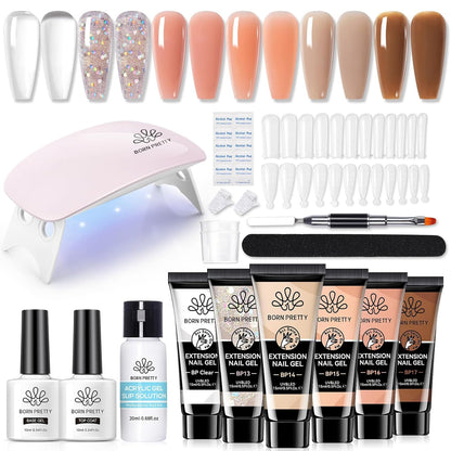BORN PRETTY Extension Nail Gel Kit-6 Colors Gel Kit Nude Clear Jelly All-In-1 Set Builder Glue with U V Lamp Base Top Coat Set Forms French Manicure Set for Beginner