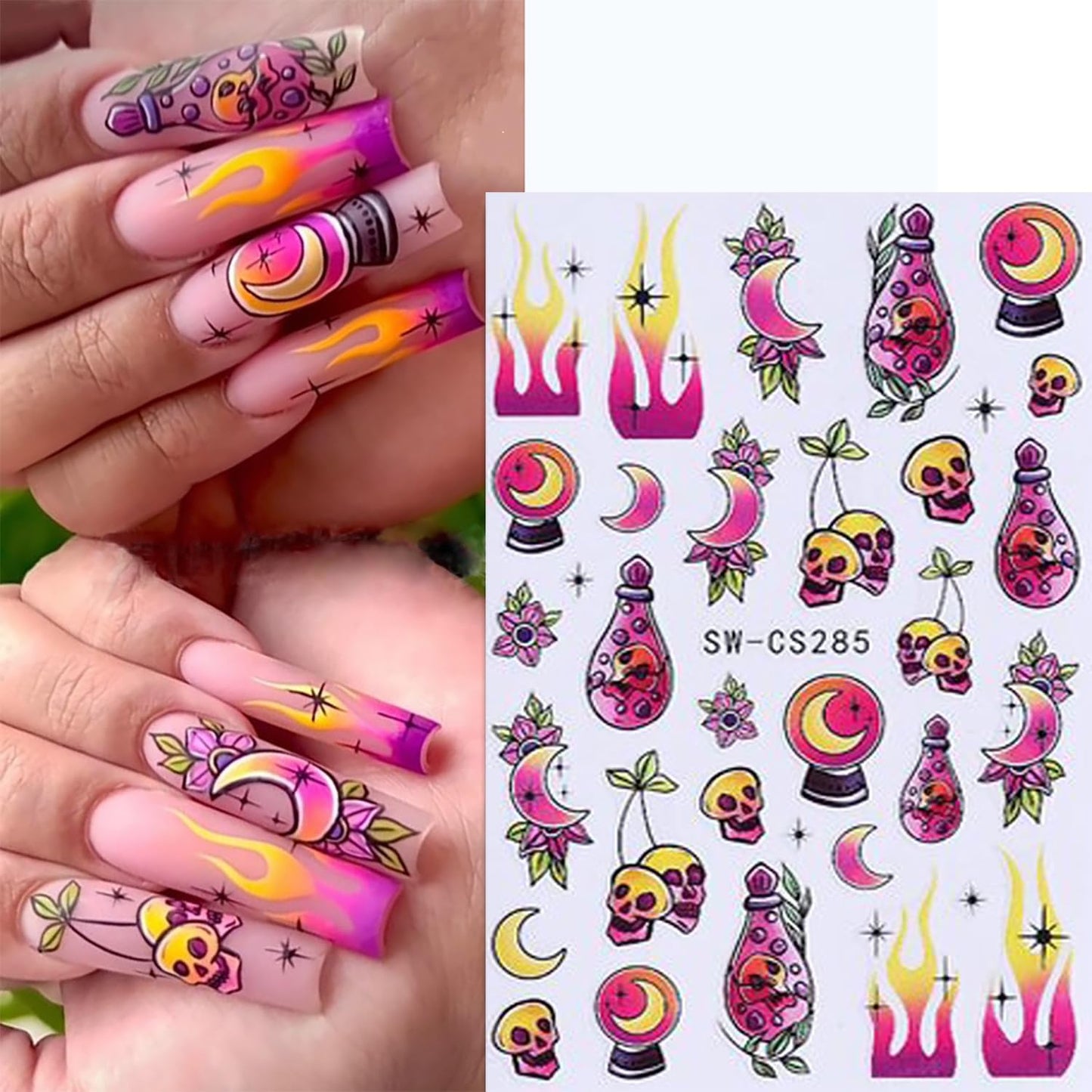 6 Sheets Halloween Nail Art Stickers 3D Self -Adhesive Cute Ghost Pumpkin Nail Decals Holographic Heart Spider Web Skeleton Flame Nail Stickers Halloween Nail Decoration for Women Manicure Supplies