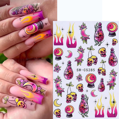 6 Sheets Halloween Nail Art Stickers 3D Self -Adhesive Cute Ghost Pumpkin Nail Decals Holographic Heart Spider Web Skeleton Flame Nail Stickers Halloween Nail Decoration for Women Manicure Supplies