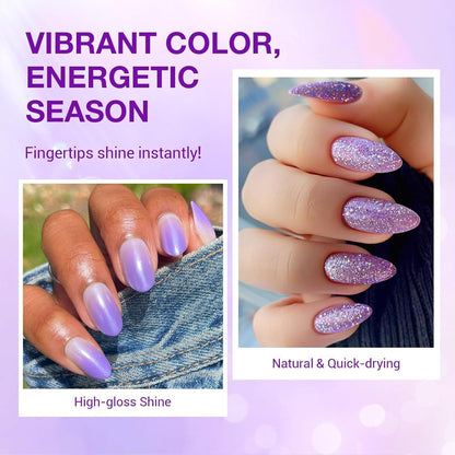 AZUREBEAUTY Nail Polish Set Fast Drying Glitter Pink Purple Spring Summer 4 Colors Lilac Nail Polish Natural Nail Lacquer Fingernail Kit with Top Coat DIY Salon Home