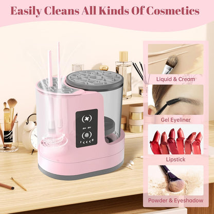 3 IN 1 Electric Makeup Brush Cleaner Machine With Makeup Brush Dryer-Holder-Portable Automatic USB Cosmetic Brushes Cleaner Tool for All Size Beauty Makeup Brush Set,Eyeshadow, Blush Brush (Rose Pink)
