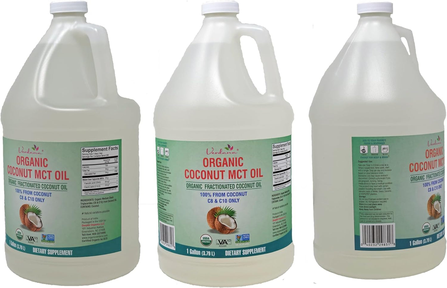 Verdana USDA Certified Organic Coconut MCT Oil –Fractionated Coconut Oil – No Palm Kernel Used – Kosher, Food Grade, Non-GMO – Great for Keto and Paleo Diets, Oil Pulling Rinse Mouthwash – 1Gallon