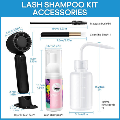 Buqikma Lash Shampoo Kit - Eyelash Extension Cleanser for Extensions 60ML with Rechargeable Handheld Lash Fan Dryer Mascara Brush Rinse Bottle Makeup Cleansing Foam for Lash Care