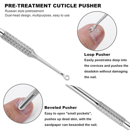 Pre-treatment Cuticle Pusher, Russian Prep Nail Pushers, Dual Ended Cuticle Remover with 100/180 Grit Sandpaper Sheets, Nail Care for Manicure Pedicure Nail Art