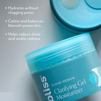 Bliss Clear Genius Clarifying Gel Moisturizer with CLARITY 5 Complex | Salicylic Acid, Niacinamide & Witch Hazel for Blemish-Prone Skin, 1.7 fl oz