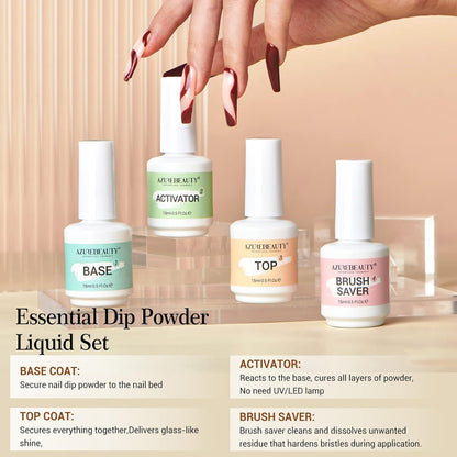 AZUREBEAUTY Dip Powder Liquid Set 15ml/0.5oz 8 Pcs Dipping Base Activator and Top Coat Brush Saver Nail File Necessary Tools for Dip Kit No Lamp Needed
