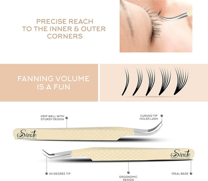 SIVOTE Fiber Tips Lash Tweezers for Eyelash Extensions, Set of 4, Curved, Dolphin, 90 Degree & 45 Degree Tweezer, Vanilla