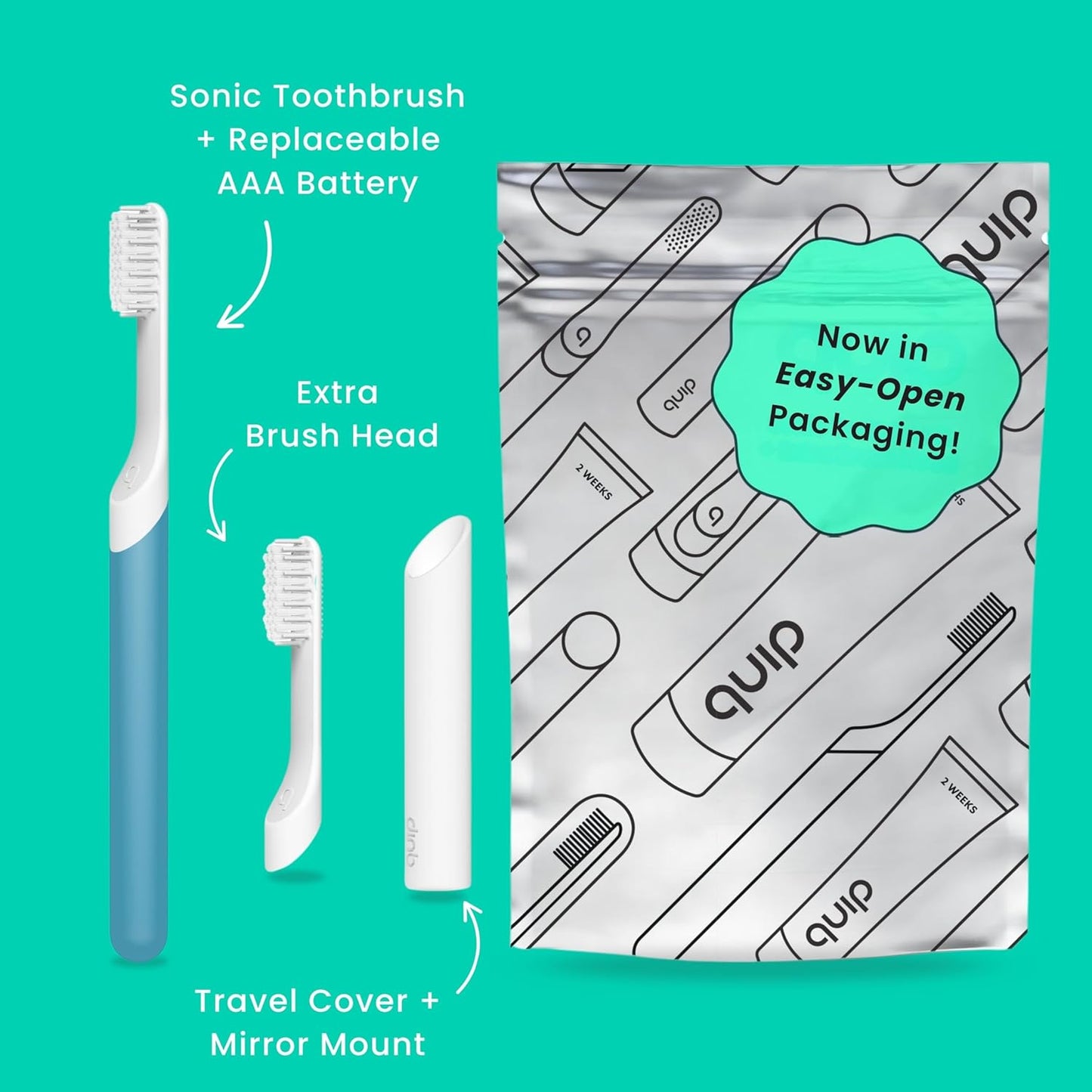 Quip Plastic Sonic Electric Toothbrush for Adults - Time Travel & Soft Bristles with Travel Case & Replacement Brush Head - 3 Month Battery Life - Marine Blue