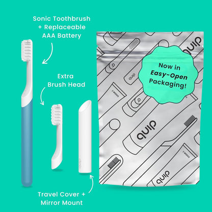 Quip Plastic Sonic Electric Toothbrush for Adults - Time Travel & Soft Bristles with Travel Case & Replacement Brush Head - 3 Month Battery Life - Marine Blue