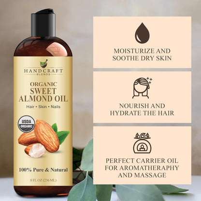 Handcraft Blends Organic Almond Oil - 8 Fl Oz - 100% Pure and Natural - Premium Grade Oil for Skin and Hair - Carrier Oil - Hair and Body Oil - Massage Oil - Hexane-Free