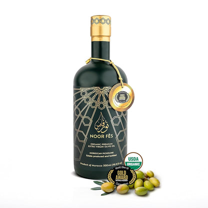 NOOR FÈS USDA Organic | 20+ Awards 584 mg/kg Polyphenol Rich | Premium Extra Virgin Olive Oil | Moroccan Cold Pressed EVOO | Less than 0.15% Acidity | Handpicked Picholine Olives | Pack of 2