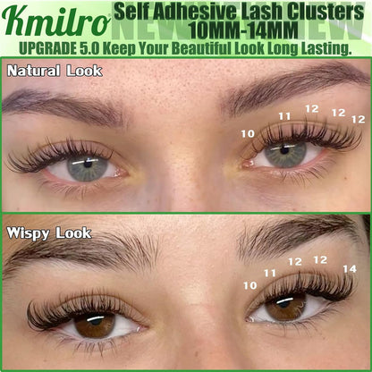 Self Adhesive Eyelashes 10-14mm Natural Self Adhesive Lash Clusters Wispy Press on Lashes No Glue Needed 120Pcs Pre Glued Lashes Clusters Reusable DIY Eyelash Extensions Kit with Tweezers, by Kmilro